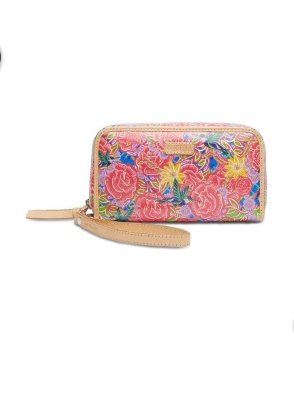 Consuela Pink Floral Embossed Zip Wristlet with Tan Strap